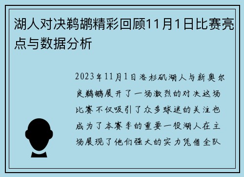 湖人对决鹈鹕精彩回顾11月1日比赛亮点与数据分析